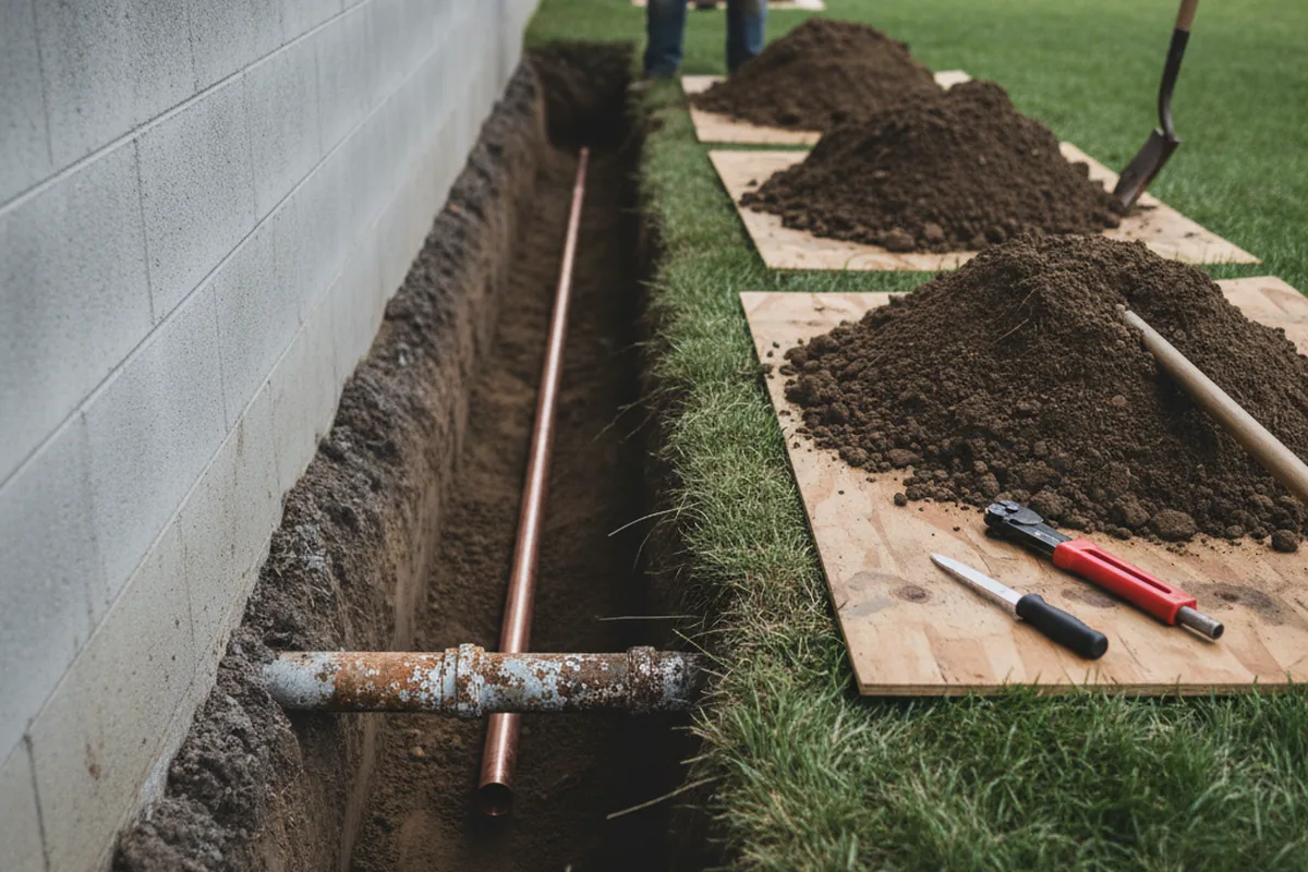 Excavated water line trench during Water Heater Repair in Rueter